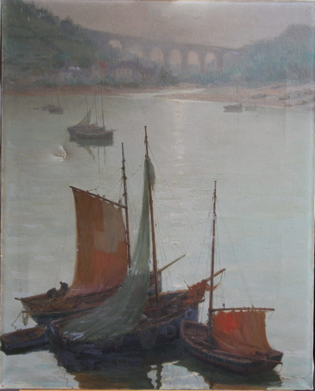 René COULON (1882-1974), Bateaux dans la Baie de Morlaix, avant restauration.